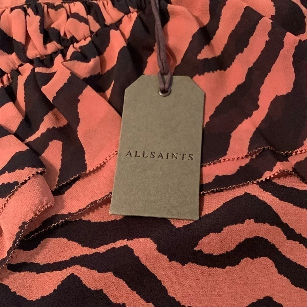 NWT! ALLSAINTS Nia Zephyr Miniskirt. Color: Toffee Brown/Black. Size 2.